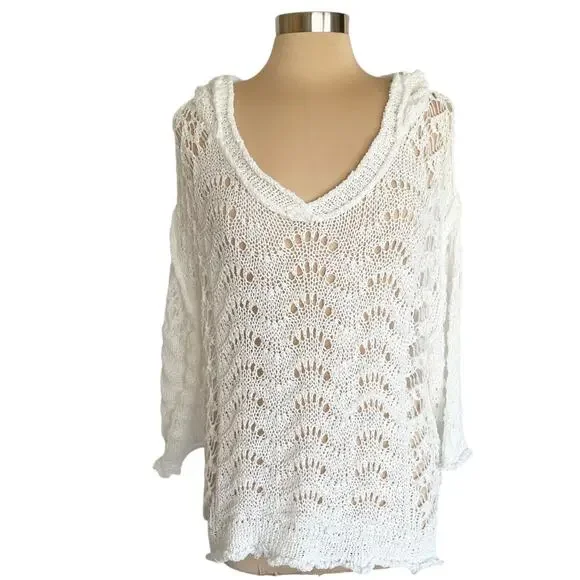 POL White Open Weave Crochet Hooded Sweater Sz LG Beachy Breezy Vacation Cruise - Picture 2 of 12